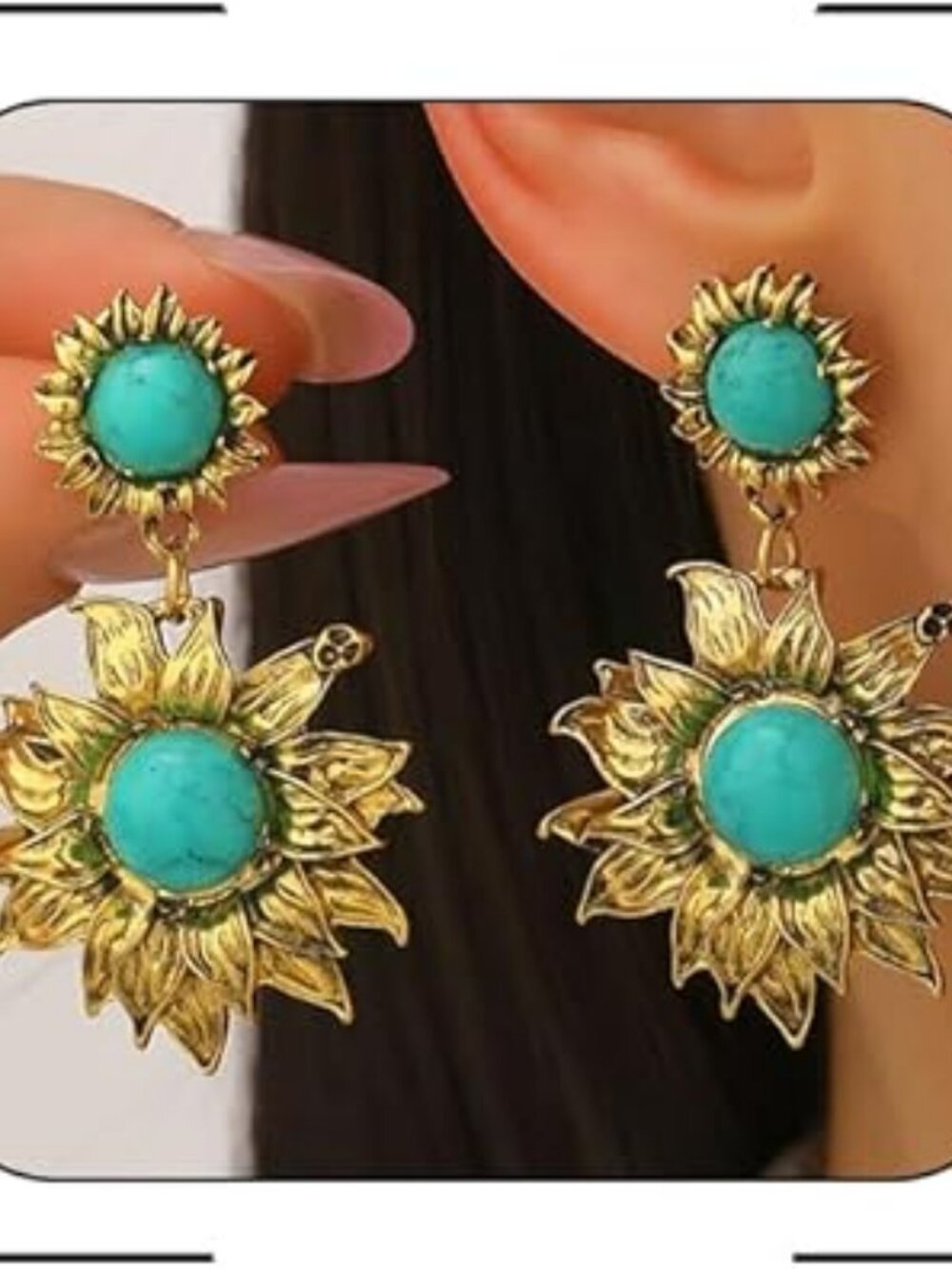 Turquoise and Gold Tone Sunflower Earrings Dangle Statement Chunky Country
